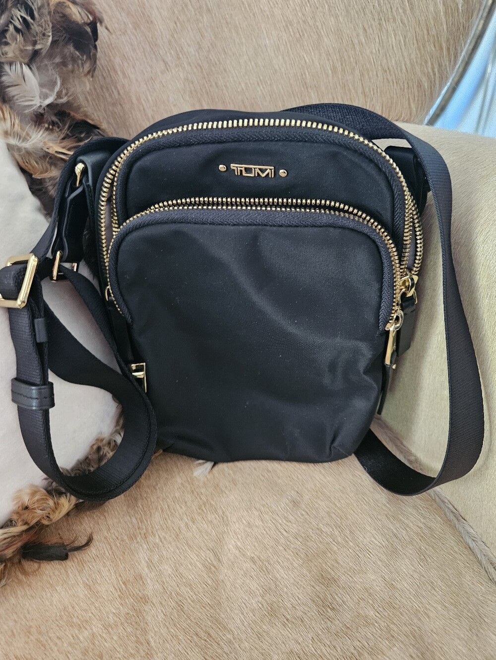 Tumi Black Nylon Belt/Crossbody with Gold Hardware new without tags